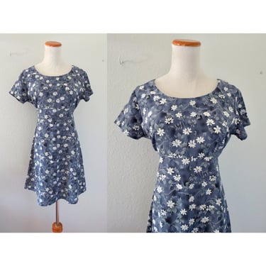 Vintage 90s Floral Mini Dress Blue Babydoll Scoop Neck Short Sleeve Summer Grunge Boho Size Medium Large 