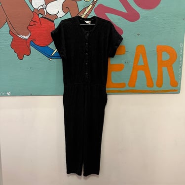1980s 1990s Albert Nipon Black Textured Short Sleeve Jumpsuit / Minimal / Gathered / Pinched / Wrinkled / Onesie / One Peice / Medium / M / 