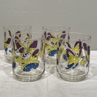 4- 6 oz Vintage Libbey Yellow Blue Purple Butterfly Juice Drinking Glasses, Butterfly Barware, Retro tumblers and barware, modern drinkware 