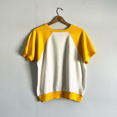 Vintage 60s Two Color Two Tone Short Sleeve Sweatshirt White Yellow Ringer Raglan Sleeve Size M to L 