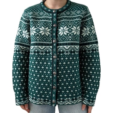 LL Bean Womens Green Fair Isle Snowflake 100% Lambswool Cardigan Sz XL 