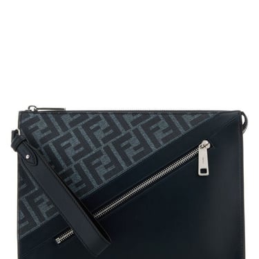 Fendi Man Embroidered Fabric And Leather Clutch
