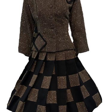Hal-Mar 50s Madmen Flecked Brown and Black Checkerboard Wool  Dress Ensemble