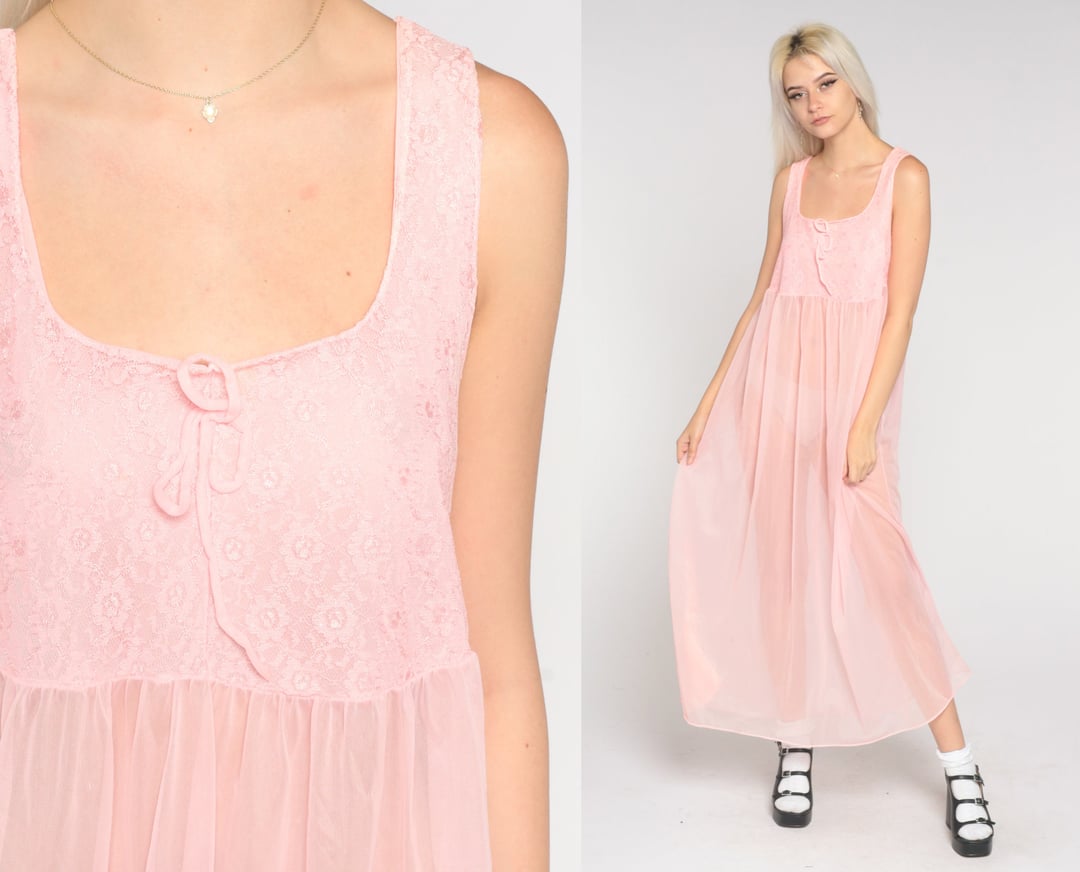 Bubblegum Pink Nightgown Sheer Lace Slip Dress 70s Maxi Night 