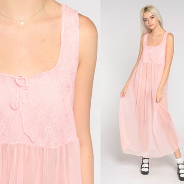 Bubblegum Pink Nightgown Sheer Lace Slip Dress 70s Maxi Night Gown Boho Lingerie Vintage 1970s Long Empire Waist Dress Nightie Medium 