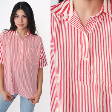 90s Striped Blouse Red White Button up Shirt Short Sleeve Collared Top Retro Polo Preppy Chest Pocket Pattern Vintage 1990s Oversize Small S 