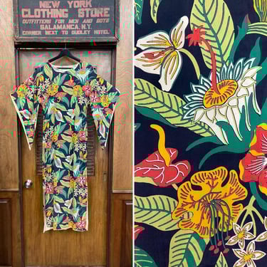 Vintage 1940’s Malihini Jet Black Floral Silky Rayon Pake Muu Hawaiian Hostess Dress, Pake Muu Dress, 1940’s Hawaiian Dress, Rayon, Batwing 