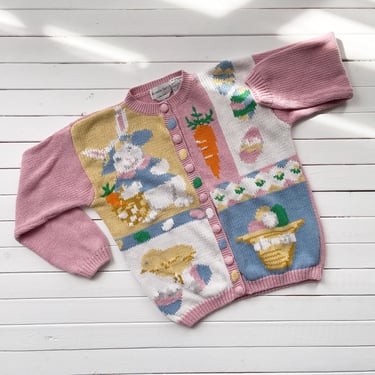 cute cottagecore sweater 80s 90s vintage Alexandra Bartlett pink bunny rabbit easter cardigan 