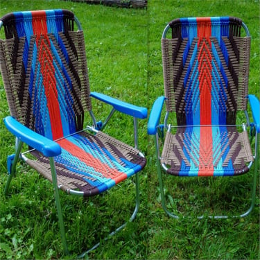 Handmade macrame woven lawn chair neon colors pink, blue, green, unique outdoor furniture for camping, glamping, van life forest fathers 