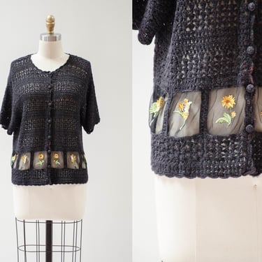 black embroidered cardigan | 90s vintage sunflower embroidery cute cottagecore oversized short sleeve crochet sweater floral cardigan 