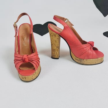 Vintage 1970's cork platform high heels 70's orange sherbet tall pinup platforms open bow toe slingback glam summer sandals 6 made in Spain 
