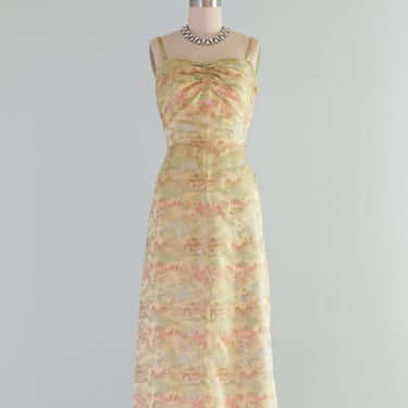 Vintage 1940's Golden Chinese Silk Brocade Evening Gown / Small