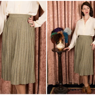 1940s Skirt - Quintessential Late 40s Pleated Wool Checked Skirt in Grey and Soft Yellow 