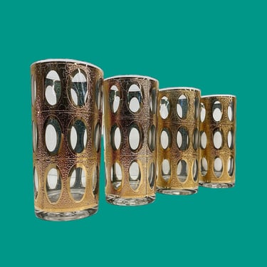Vintage Culver Highballs Retro 1960s Mid Century Modern + Pisa 22 kt Gold + Crackle + Set of 4 + Glass Tumblers + Tom Collins + MCM Barware 