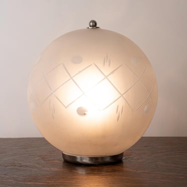 Vintage Murano Deco glass table lamp, sphere Ø25cm frosted with handmade etching, Made in Italy sphere lamp 