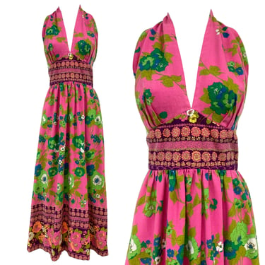 Vtg Vintage 1960s 60s Psychedelic Groovy Floral Dayglo Era Halter Midi Sun Dress 
