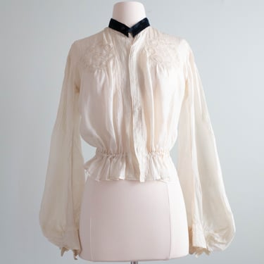 Exquisite Edwardian Era Silk Blouse With Bishop Sleeves and Pin Tuck Pleating / M