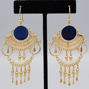 80's Egyptian style gold plate blue glass discs chandelier dangles, ornate shoulder duster earrings 