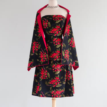 Darling 1950's Cherry Print Cotton Party Dress With Matching Shawl / Small