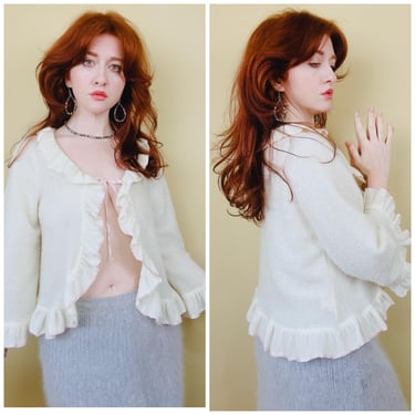 1970s Vintage Miss Elaine Poly Acrylic Knit Cardigan / 70s Cream and Pink Ribbon Ruffled Tie Front Sweater / Size Large 