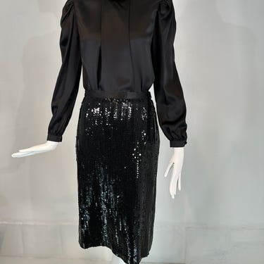 Adolfo 1980s Black Satin Poet Sleeve Blouse & Coordinating Black Sequin Skirt 4