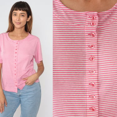 Pink Striped Shirt 90s Button up Blouse Short Sleeve Top Basic Simple Retro Casual Summer Tee White Horizontal Stripes Vintage 1990s Large L 