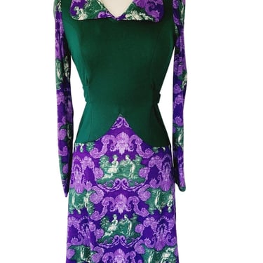 Vintage 70s Maxi Dress Purple French Toile Print & Hunter Green Jody California 