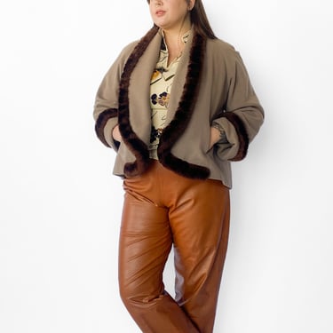 1940s Tan Jacket with Brown Faux Fur Piping, sz. 2X