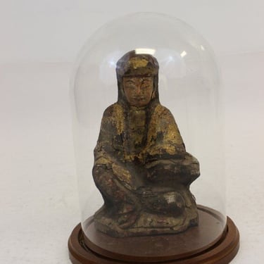 Rare Ancient Asian Buddha Wood Sculpture & Glass Dome 