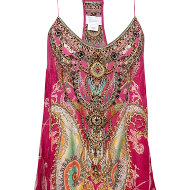 Camilla - Pink & Multicolor Print Rhinestone Embellished Sleeveless Top Sz S