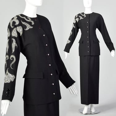 Small Miguel Cruz 1980s Two Piece Skirt Suit Women's Wool Suit Set Beaded Blazer and Skirt Set Designer Suit 