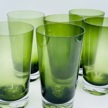 Vintage  Set of 6 Heavy Olive Green w Clear Bases Tumblers 6 1/2