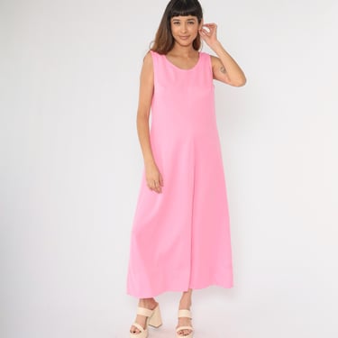 Vintage Long Pink Dress 70s Mod Ankle Length Maxi Sleeveless Scoop Neck Shift Simple Plain 1970s Large 12 