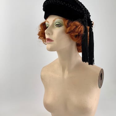 1940-50'S Velour Felt Hat - Oval Tam with Long Tassels - Black Fur Felt with Braided Details - Made in Czechoslovakia 