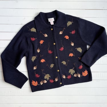 cute cottagecore sweater | 90s vintage navy blue acorns oak leaves streetwear aesthetic embroidered cardigan 