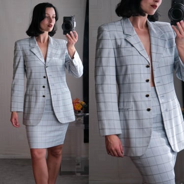 Vintage 80s MARY McFADDEN Powder Blue Plaid Broad Shoulder Blazer & Skirt Two Piece Set | USA Made Fabric | 1980s Designer Couture Suit Set 