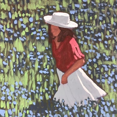 Woman in Field #20 - Original Acrylic Painting on Canvas 12 x 16 - fine art, figurative, flowers, dress, landscape, michael van, bluebonnets 
