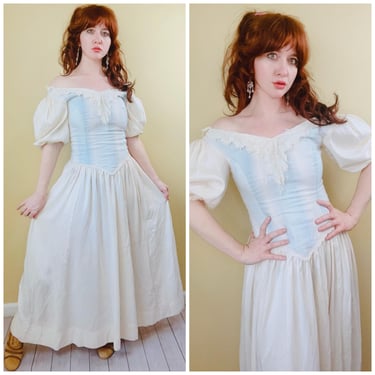 1980s Vintage Homemade Baby Blue and Cream Princess Dress / 80s Beaded Puffed Sleeve Crochet Silk Prairie Gown / Small - Medium 