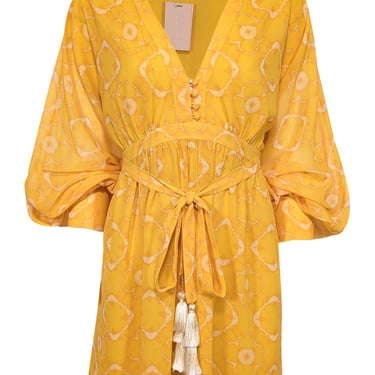 Alexis - Yellow Tie Dye Print Chiffon Dress w/ Tassel Tie Sz L