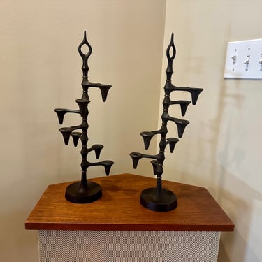 Pair of Brutalist cast iron and brass candelabra by J.H. Quistgaard, Denmark 1960's 