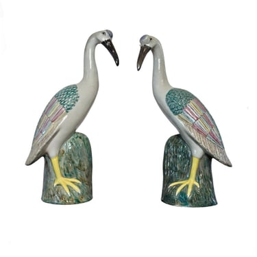 Large Pair of Antique Chinese Export Porcelain Figures of Cranes Qing Dynasty 