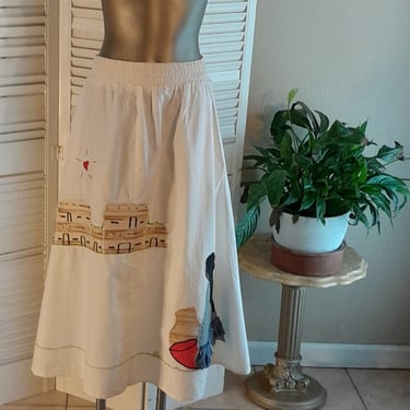 Vintage White Cotton Appliqued Skirt /Pueblas/Basket Makers/ Pockets!  sz S 