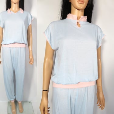 Vintage 80s Pastel Super Soft Tshirt Material Pajama Set Size M 
