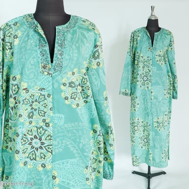 1970s Green Print Cotton Caftan | 70s Green Yellow Print Hostess DressI I. Magnin | Ex Large 