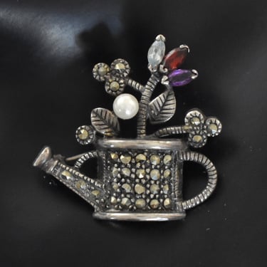 80's 925 silver marcasite watering pot topaz garnet amethyst pearl flowers brooch, whimsical ATI China sterling pyrite pin 