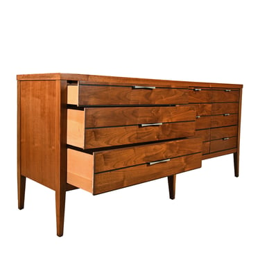 American Modernist Split + Graduated 9 Drawer 68″ Walnut Dresser – Dressed Up in Bow Ties!