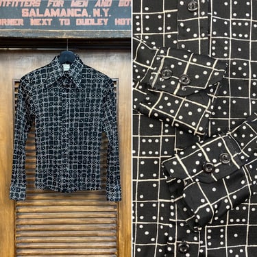 Vintage 1970’s Dominoes Mod Glam Disco All Over Print AOP Black Background Shirt, 70’s Vintage Clothing 
