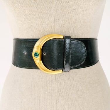 Vintage 80s Donna Karan Deep Forest Green Leather Adjustable Waist Belt w/ Green Gem | Made in Italy | 100% Genuine Leather | 1980s Boho 