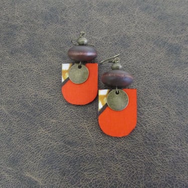 African print earrings, Ankara earrings, wood earrings, bold statement earrings, Afrocentric earrings, orange brown earring, batik earrings 