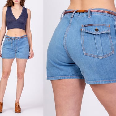 70s Denim Cargo Shorts - 32" Waist | Vintage Light Wash High Waisted Jean Shorts 